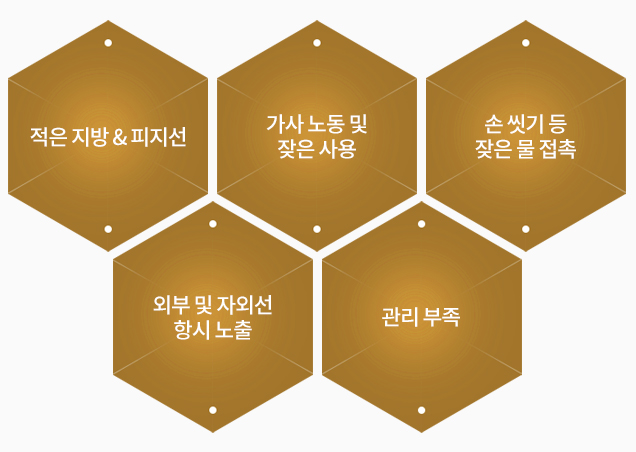 적은 지방 & 피지선, 가사 노동 및 잦은 사용, 손 씻기 등 잦은 물 접촉, 외부 및 자외선 항시 노출, 관리 부족